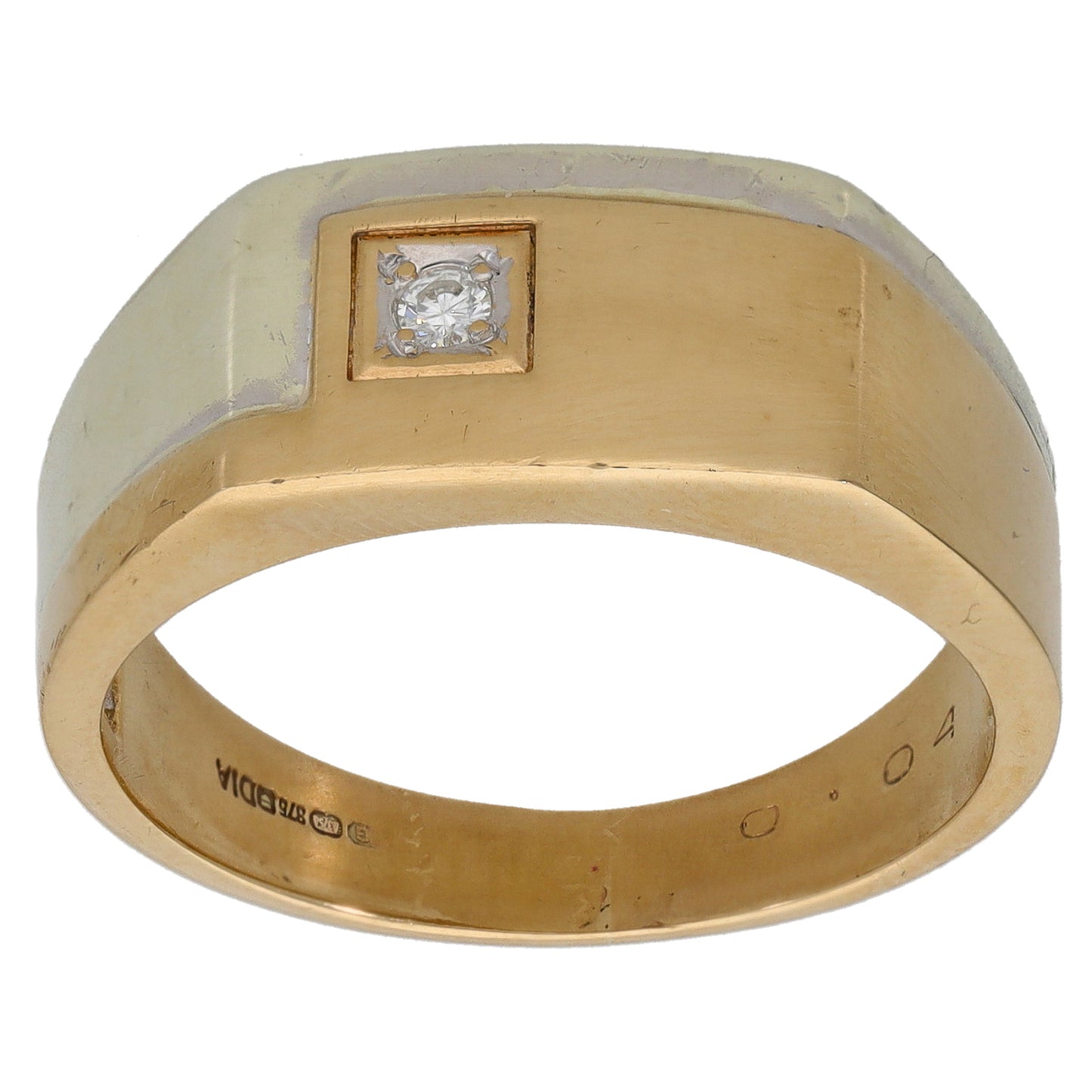 9ct Bicolour Gold 0.04ct Diamond Patterned Single Stone Signet Ring Size U