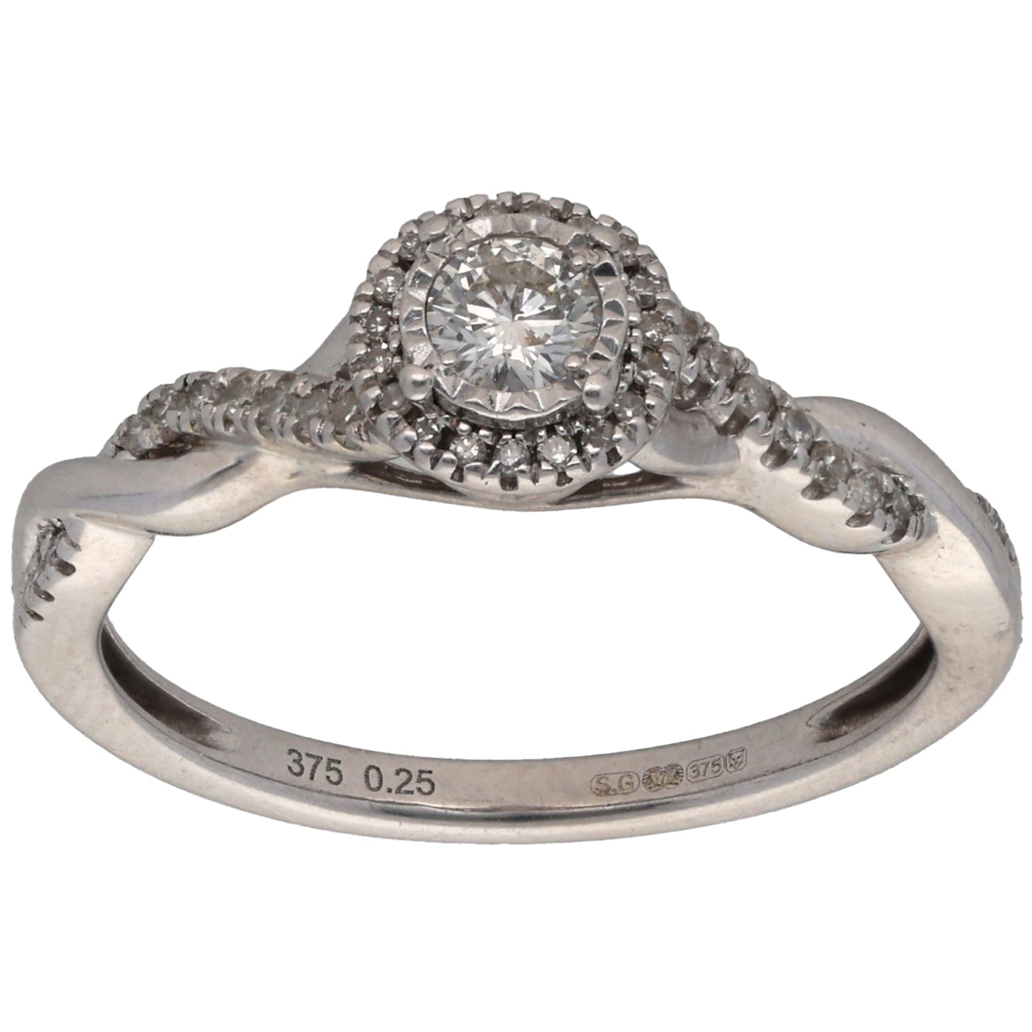 9ct White Gold 0.17ct Diamond Solitaire Ring With Accent Stones Size L