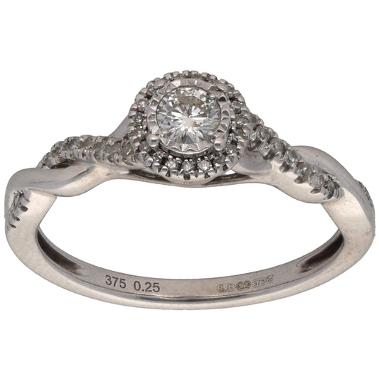 9ct White Gold 0.17ct Diamond Solitaire Ring With Accent Stones Size L