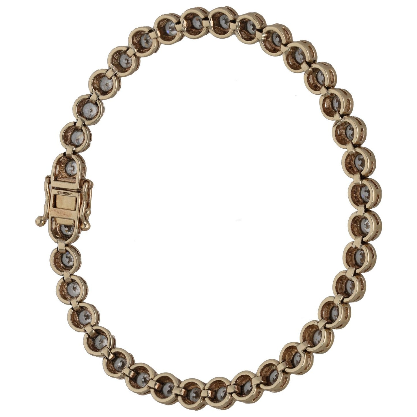Gold-tone chain bracelet with round link design and padlock clasp.