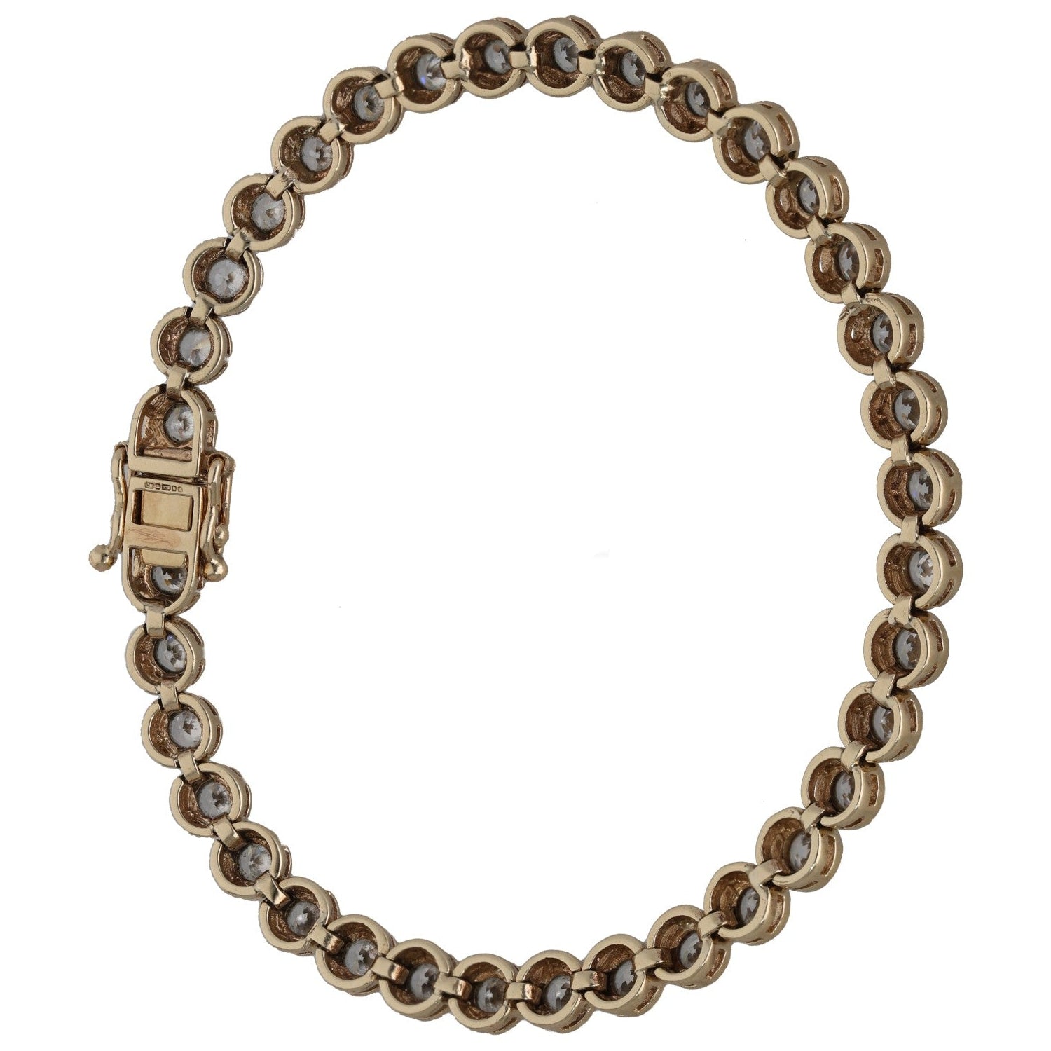 Gold-tone chain bracelet with round link design and padlock clasp.