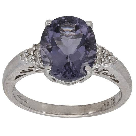 9ct White Gold Iolite & 0.06ct Diamond Single Stone Ring with Accent Stones Size O