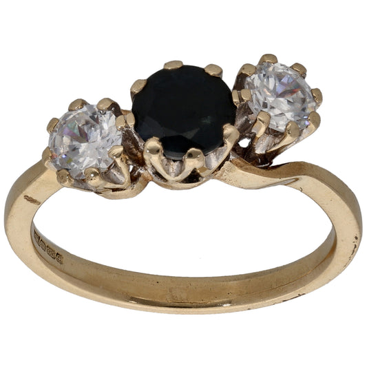 9ct Gold Sapphire & Cubic Zirconia Trilogy Ring Size P