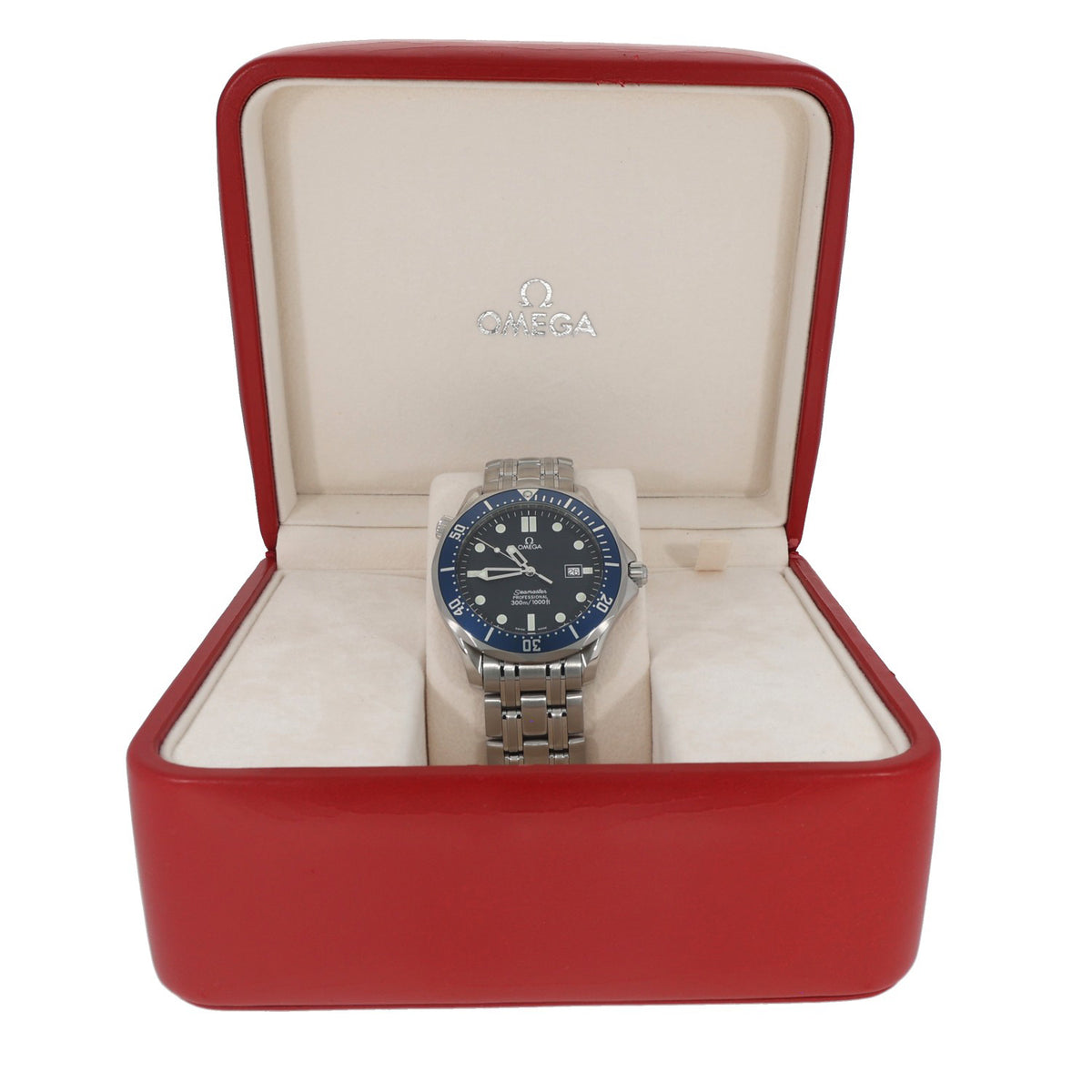 Omega Seamaster 2541.80.00, stainless steel bracelet and case with a blue dial and bezel, in it's Omega box.