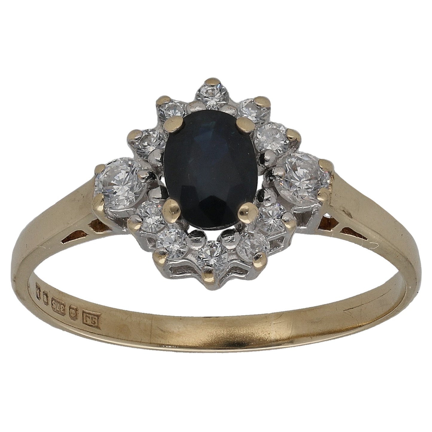Gold oval sapphire and CZ halo ring, oval dark center stone with clustered accents