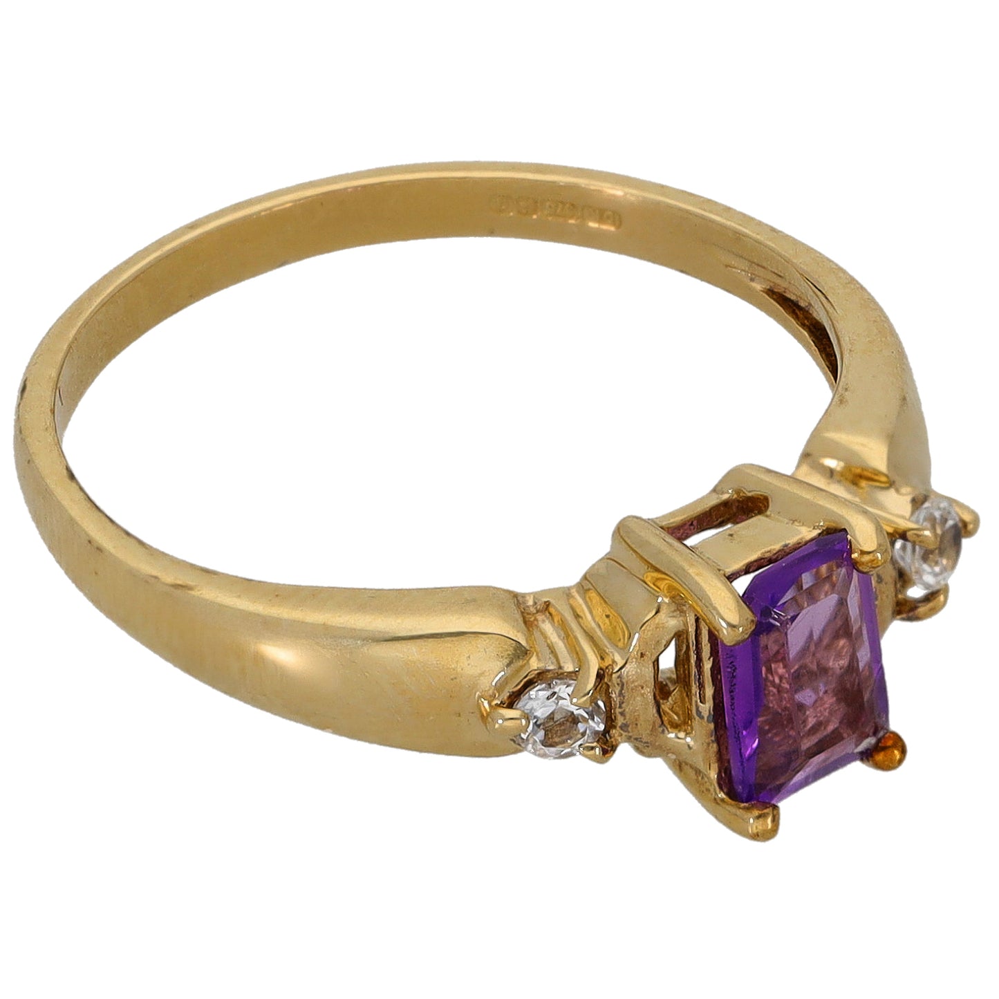 9ct Gold Amethyst & Imitation Gems Three Stone Ring Size N
