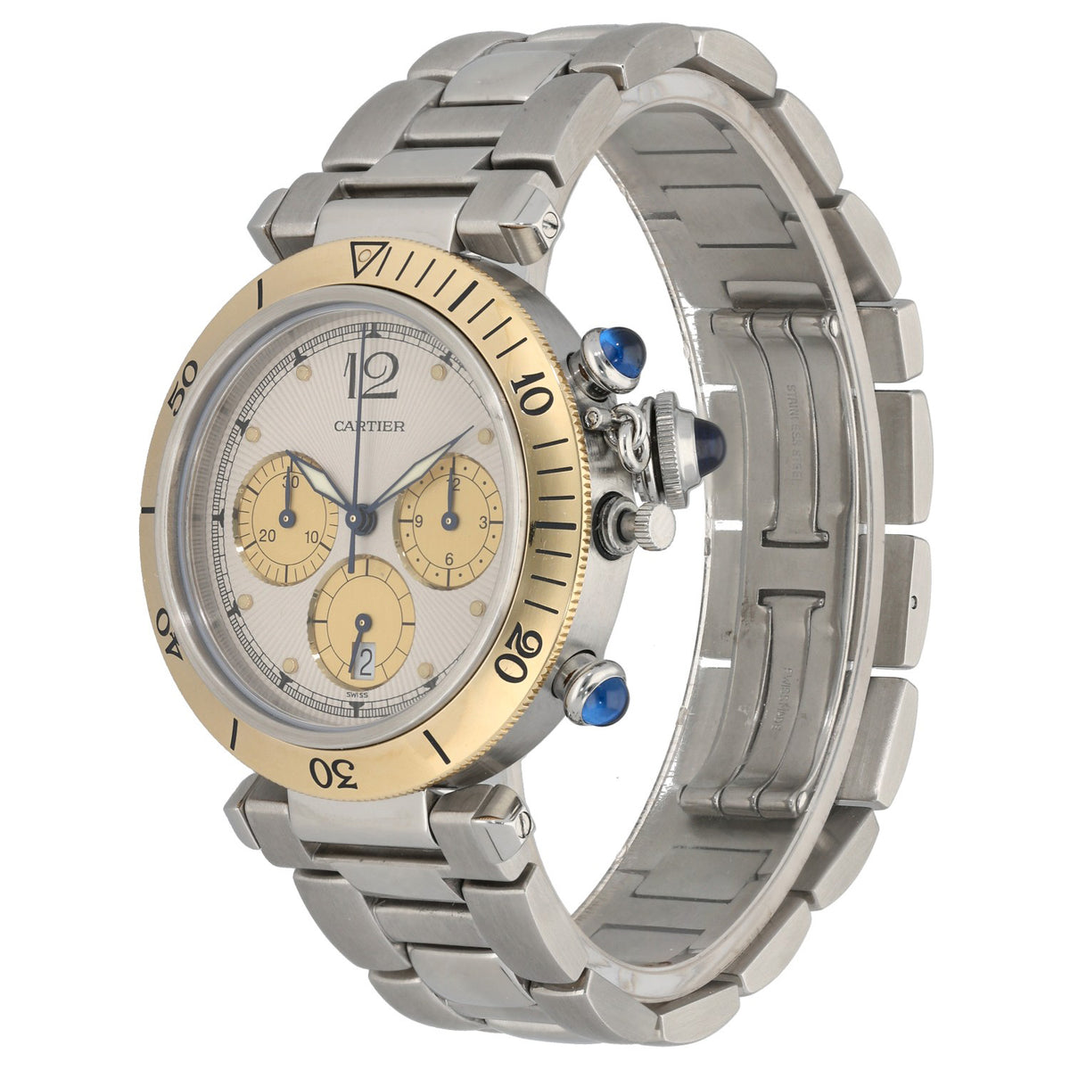 Cartier Pasha W3101155, with gold bezel on a 38mm stainless steel case and bracelet with blue sapphire crystal, front angle