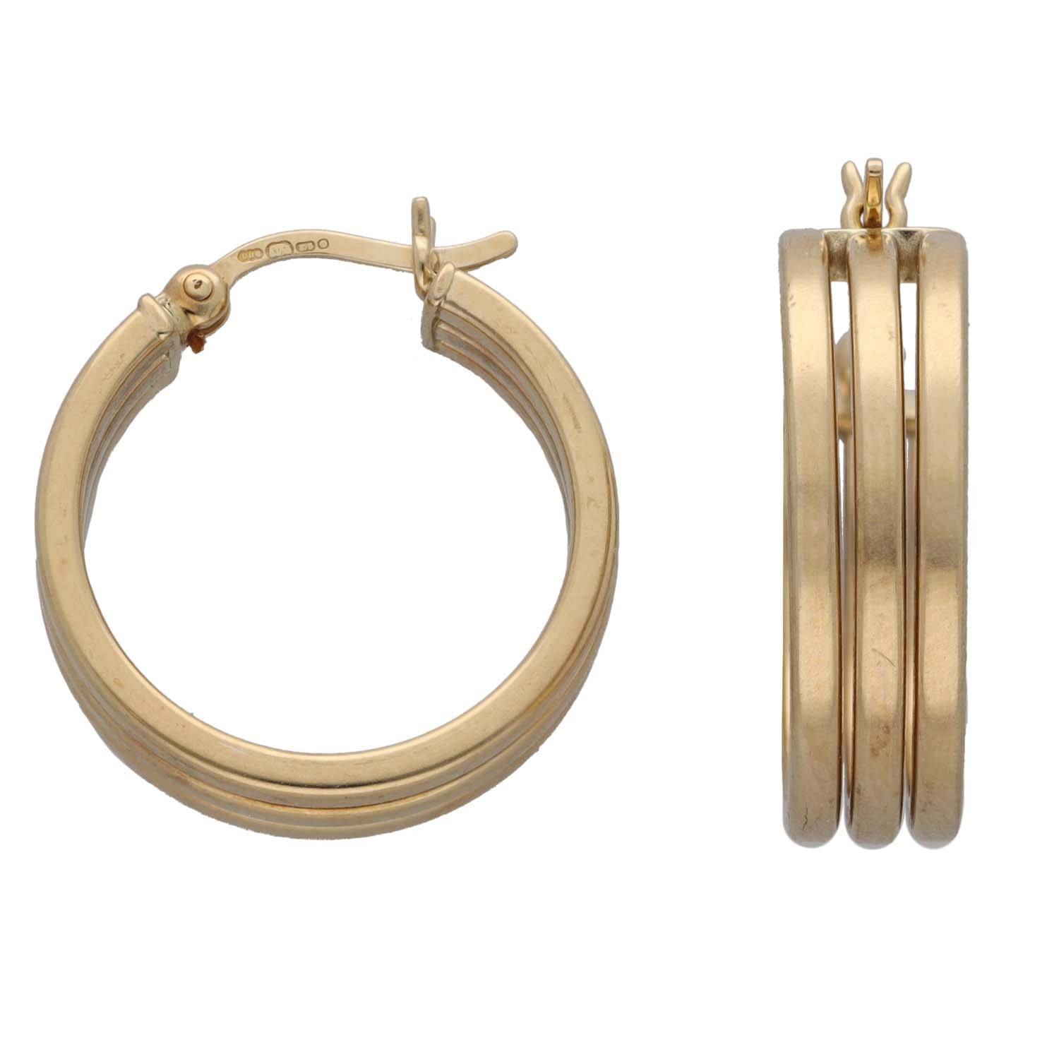 9ct gold hoop earrings with hinged clasp, smooth round profile