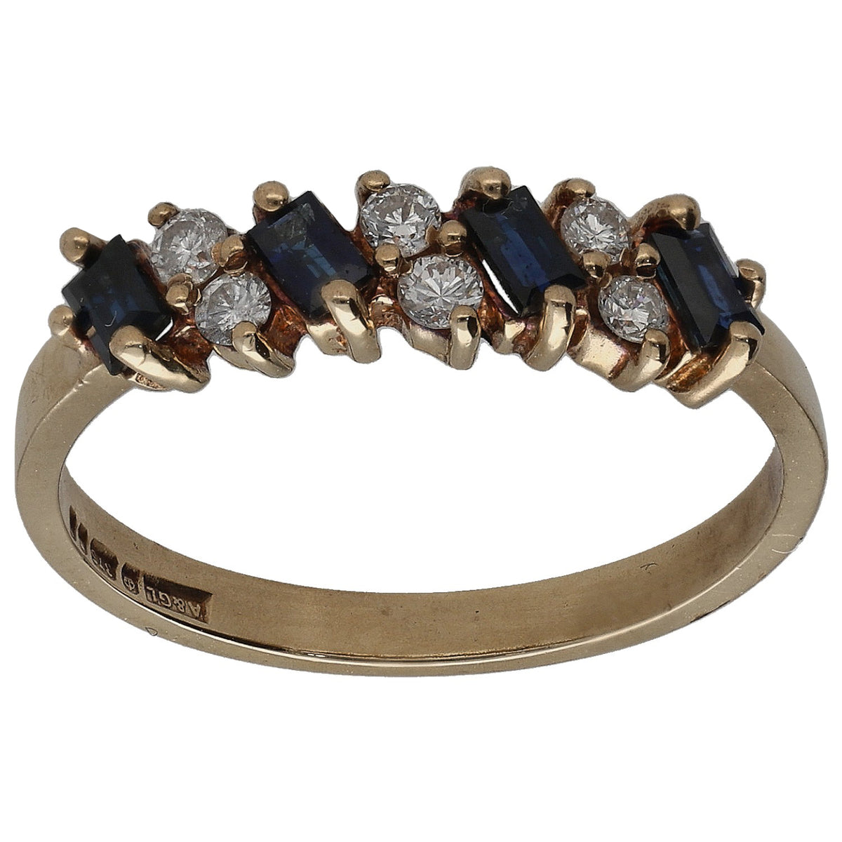 9ct gold half eternity ring with round diamonds and deep blue sapphire stones
