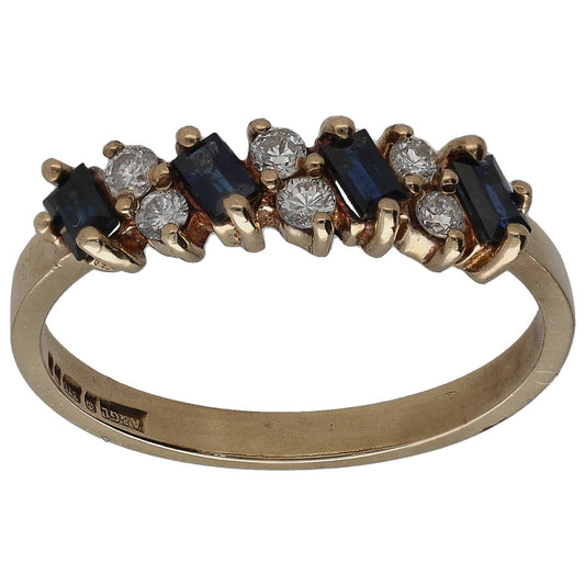 9ct gold half eternity ring with round diamonds and deep blue sapphire stones