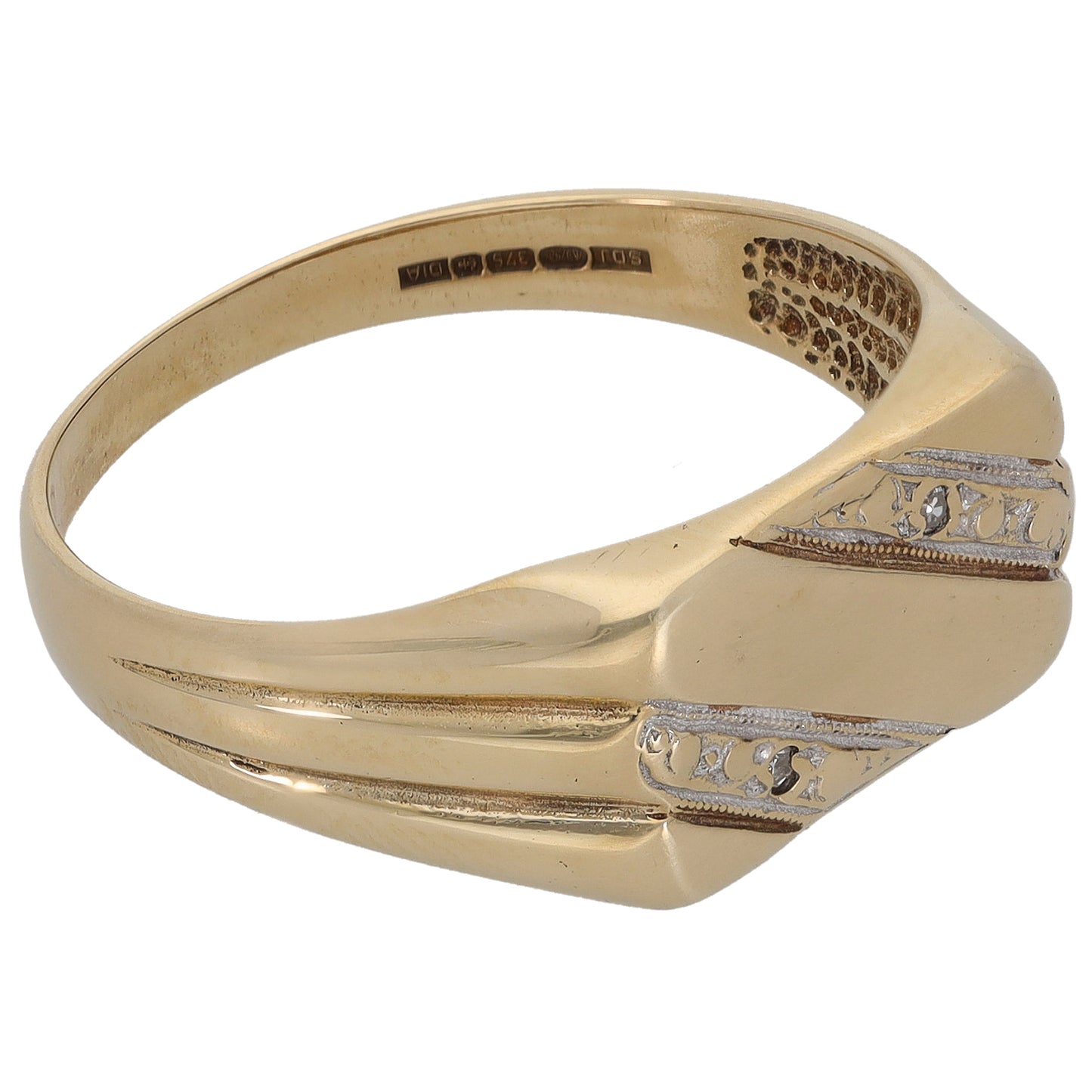 9ct Gold 0.01ct Diamond Patterned Signet Ring Size U