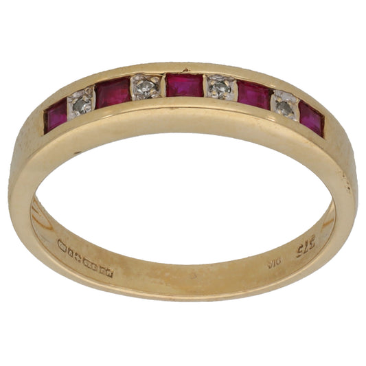 9ct Gold Ruby & 0.02ct Diamond Half Eternity Ring Size N