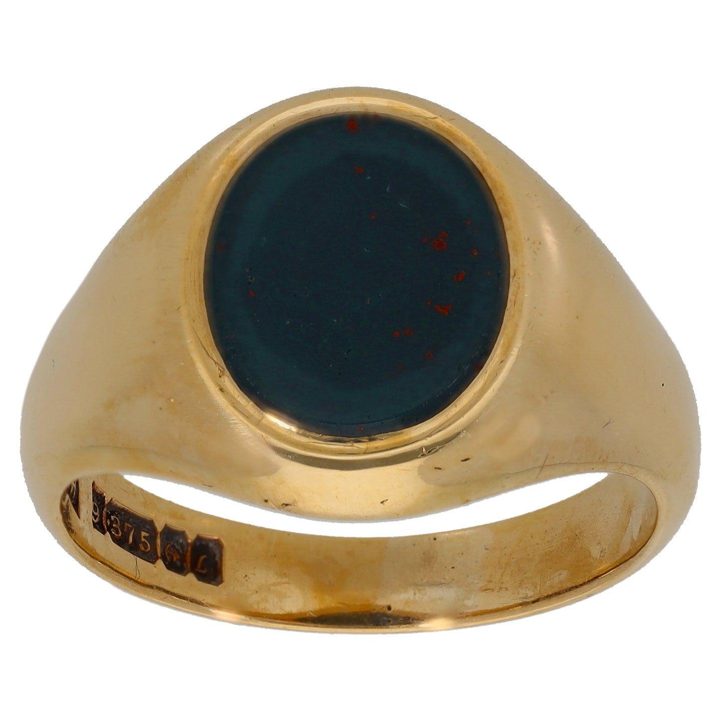 Gold signet ring with oval dark bloodstone cabochon top view