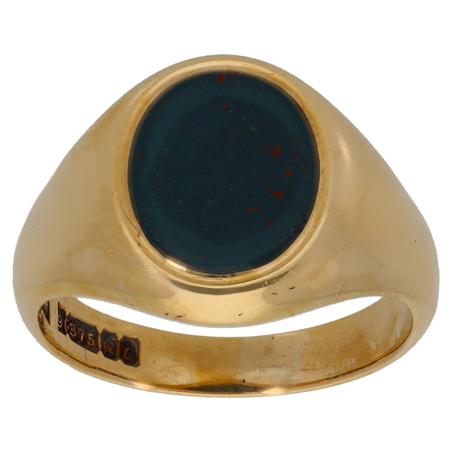 Gold signet ring with oval dark bloodstone cabochon top view