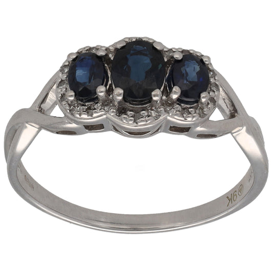 9ct White Gold Sapphire & 0.12ct Diamond Dress/Cocktail Ring Size P