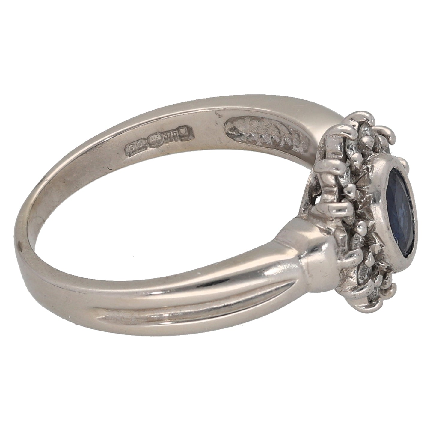 9ct White Gold Sapphire & 0.12ct Diamond Cluster Ring Size L