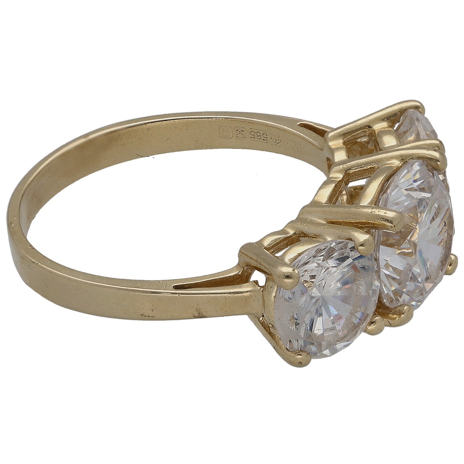 Gold-tone CZ ring with large round stone and side stone, prong-set on band