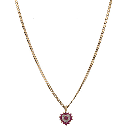 9ct Gold Ruby & 0.015ct Diamond Heart Pendant With Chain