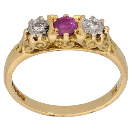 18ct Gold 0.04ct Diamond & Ruby Trilogy Ring Size L