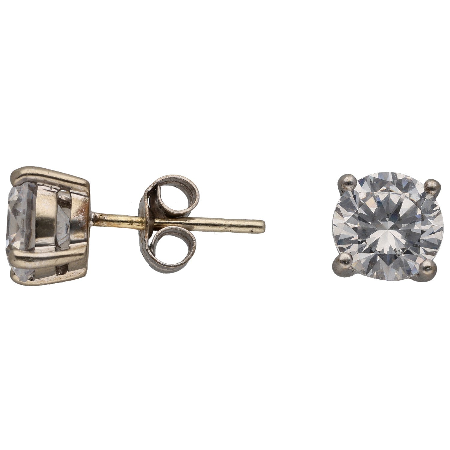 White gold round CZ stud earring with four-prong clear stone and post back