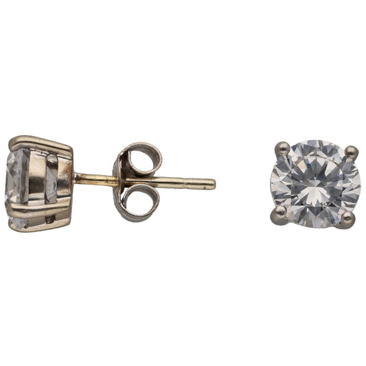 White gold round CZ stud earring with four-prong clear stone and post back