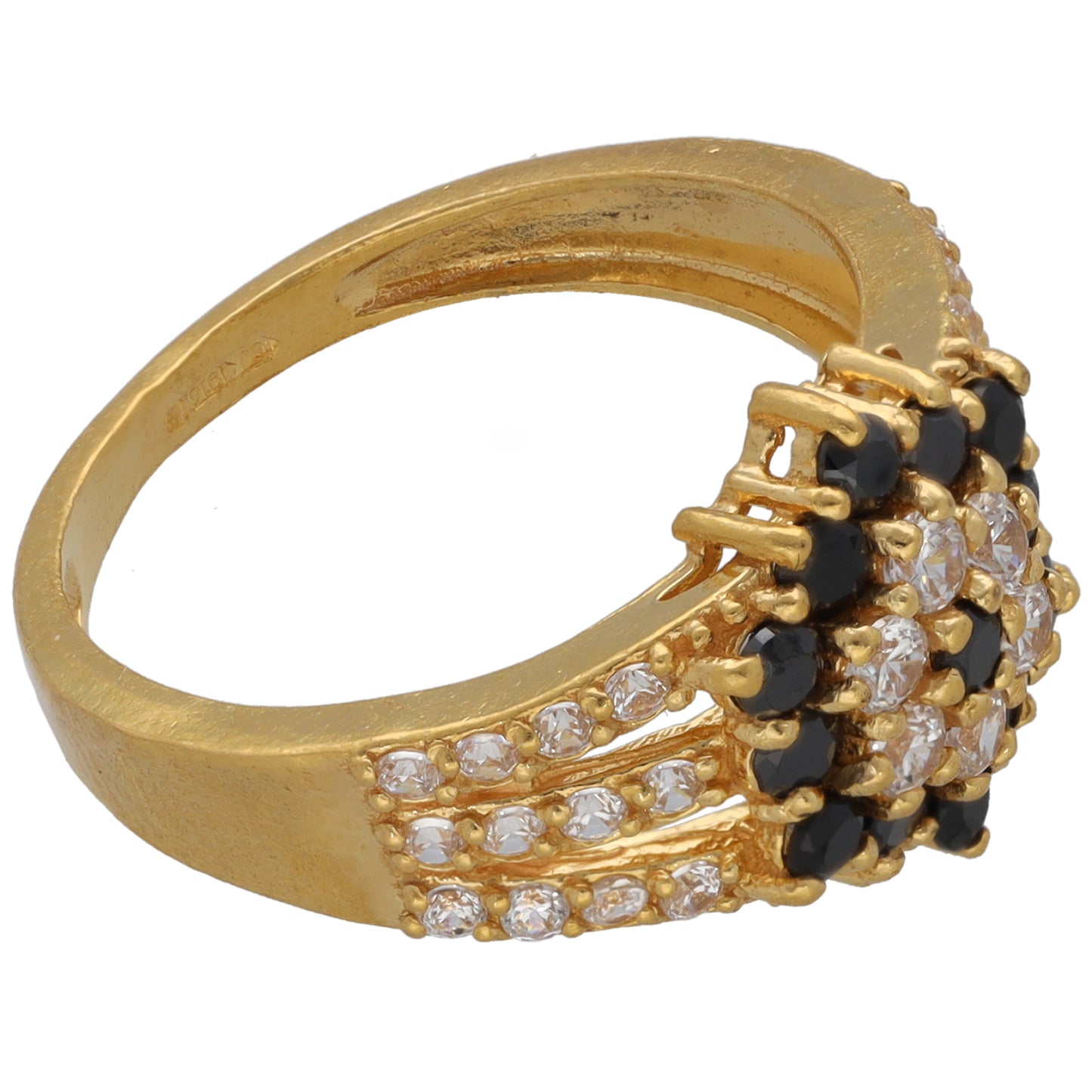 Gold-tone cocktail ring with side cluster of black and clear rhinestones, size P
