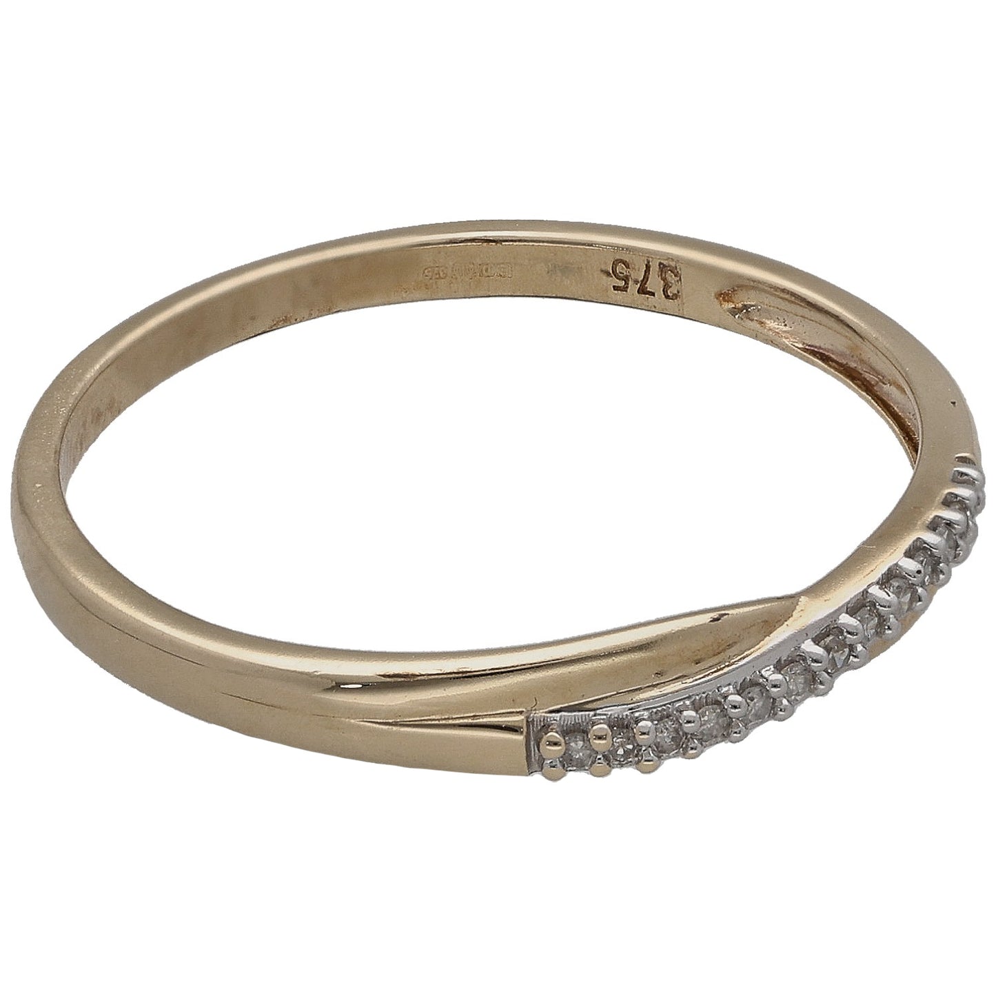 Yellow gold half-eternity ring with round diamonds on the outer edge; inside stamp