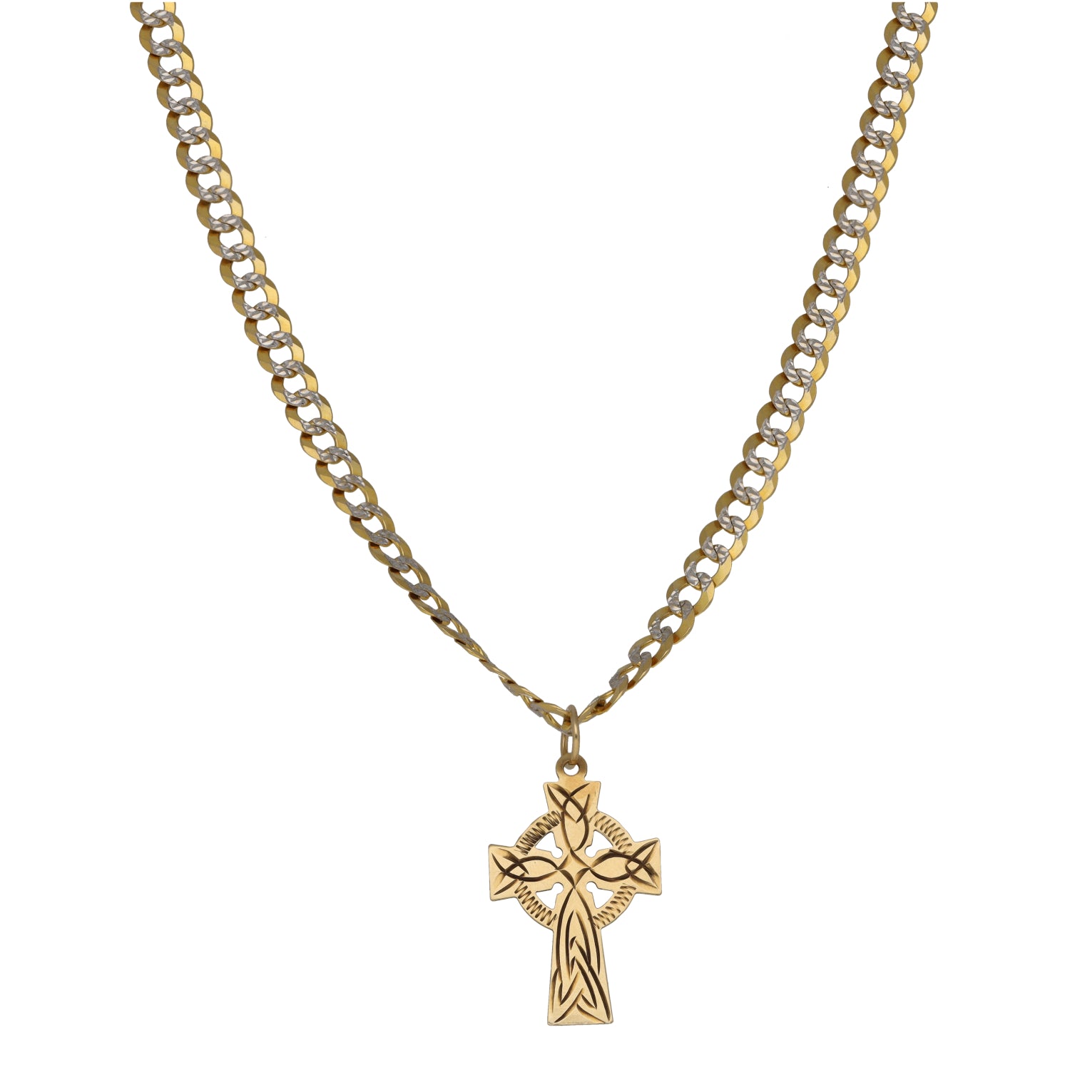 Bicolour 9ct gold cross pendant on linked chain necklace