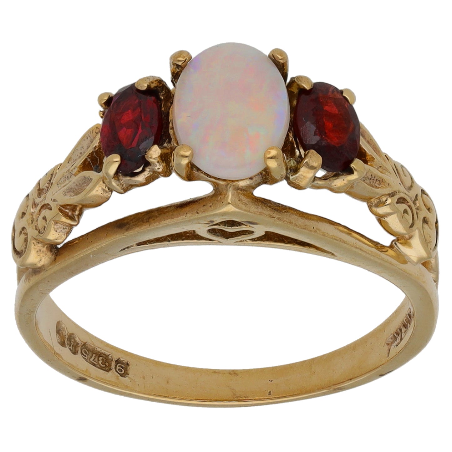 9ct Gold Garnet & Opal Three Stone Ring Size O