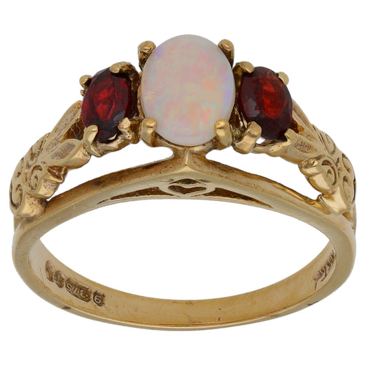 9ct Gold Garnet & Opal Three Stone Ring Size O