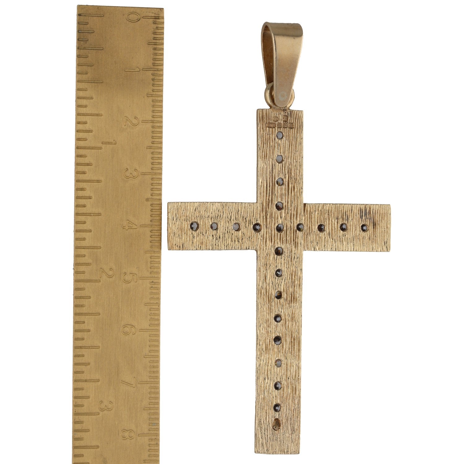 Bicolour gold CZ cross pendant back, textured frame with round stone settings