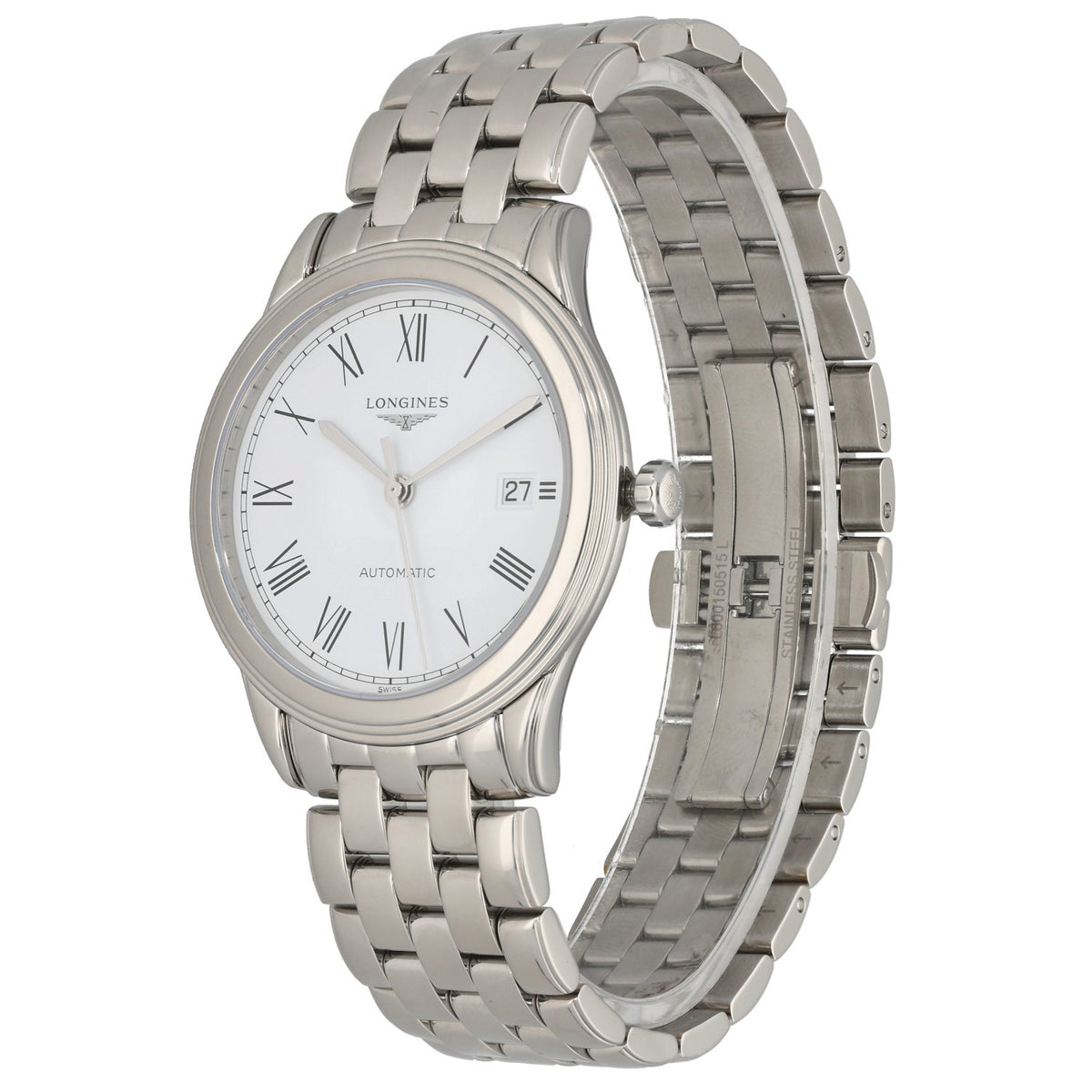 Longines Flagship  L4.974.4 with white dial and black roman numberal hour markers, inside a 38.5mm stainless steel case, front 3/4 angle