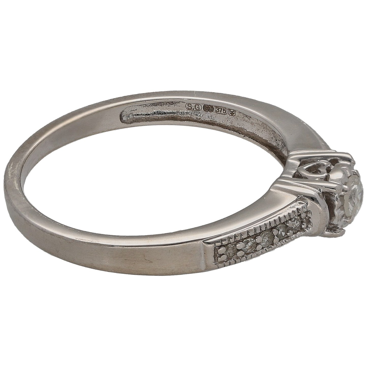 9ct White Gold 0.12ct Diamond Solitaire Ring With Accents Size N