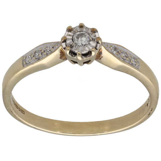 9ct Gold 0.10ct Diamond Solitaire Ring With Accent Stones Size U