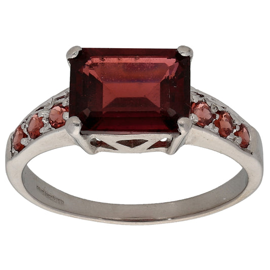 9ct White Gold Garnet Single Stone Ring with Accent Stones Size N
