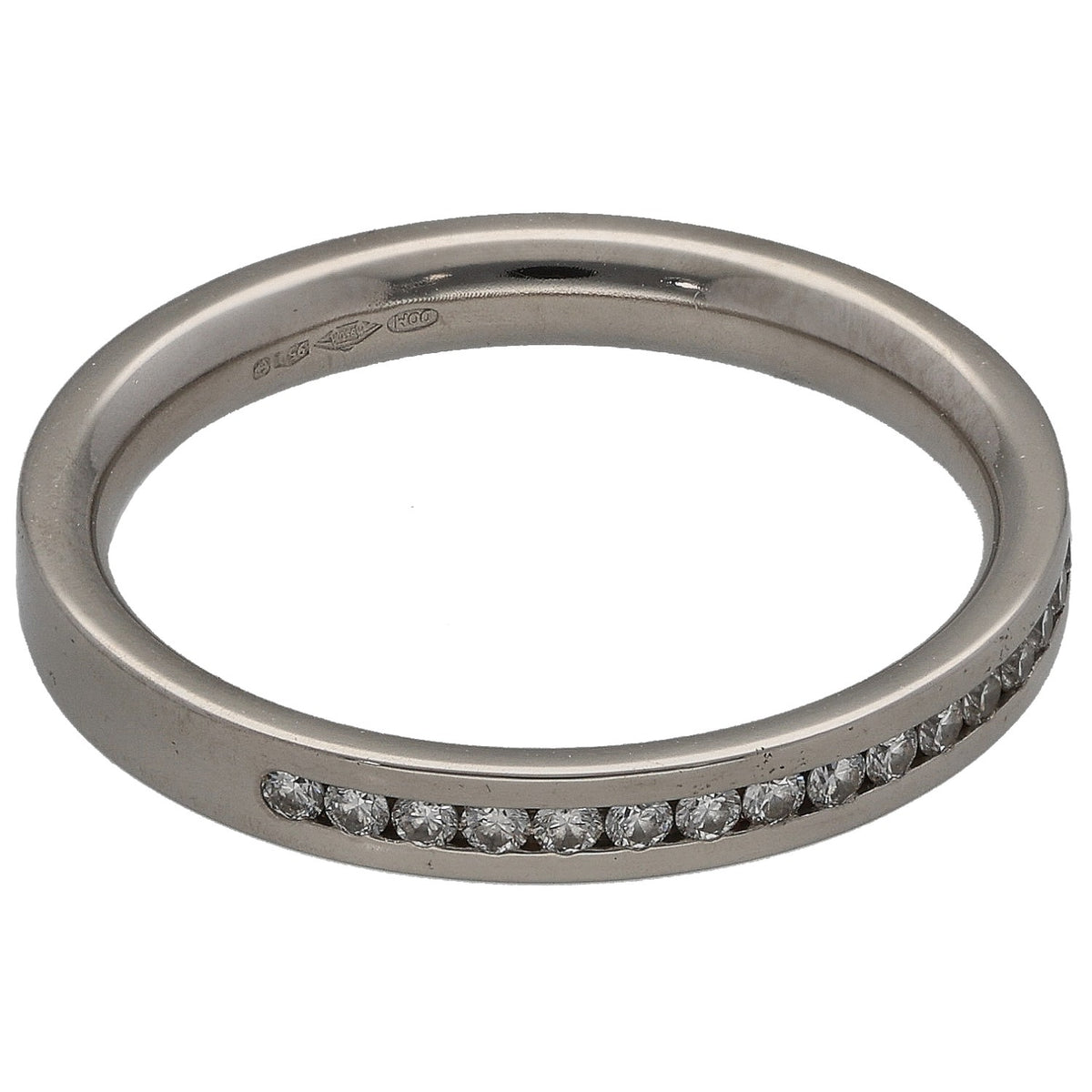 Platinum half-eternity ring with round-cut diamonds on the lower edge