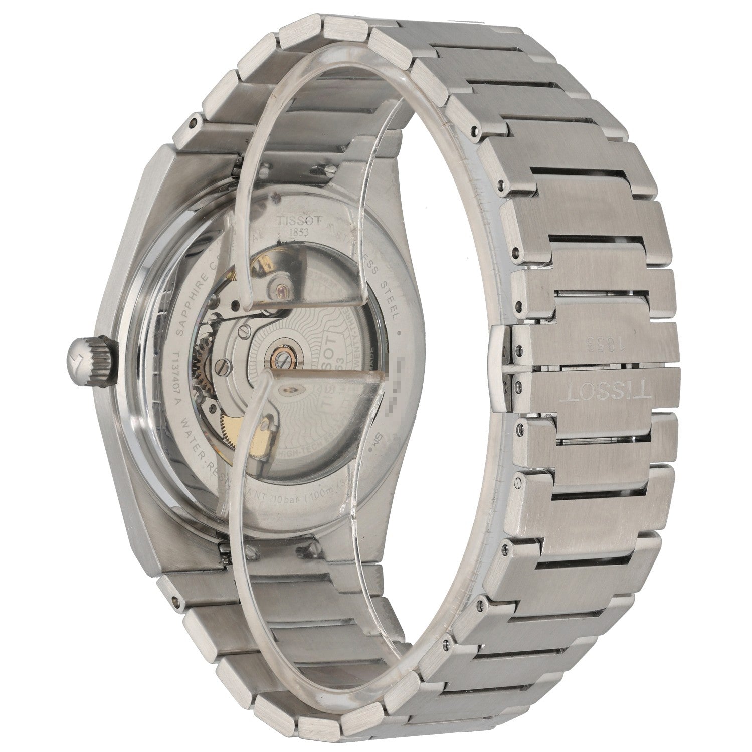 Tissot PRX T137407A, sleek stainless steel watch with open caseback