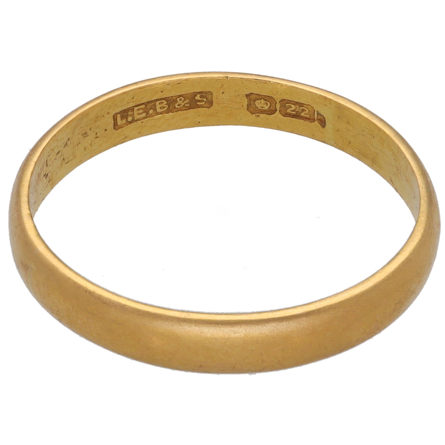 Plain 22ct gold wedding ring with engraved inner hallmarks