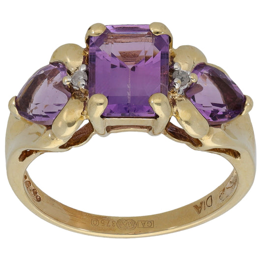 9ct Gold Amethyst & 0.02ct Diamond Dress/Cocktail Ring Size M