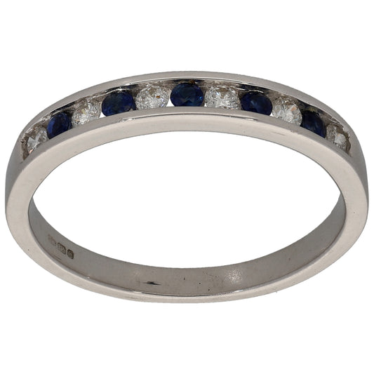 9ct White Gold Man Made Sapphire & 0.25ct Diamond Half Eternity Ring Size L