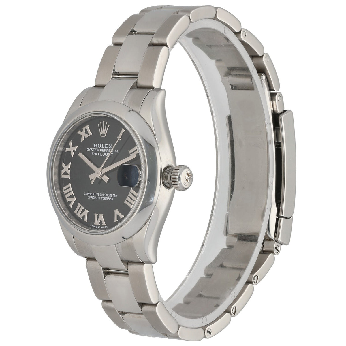 Rolex Datejust 278240 Stainless steel wristwatch side view with black dial and crown on the case