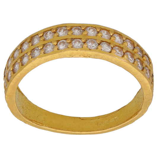 22ct Gold-tone half eternity ring with clear CZ stones across the band, angled view