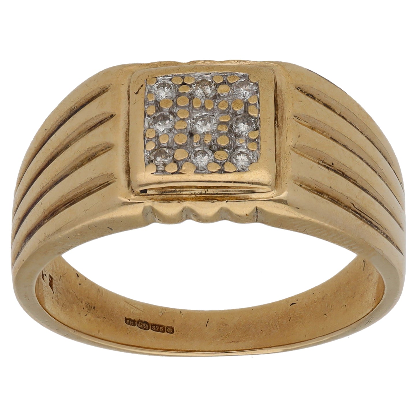 9ct Gold 0.15ct Diamond Patterned Signet Ring Size W