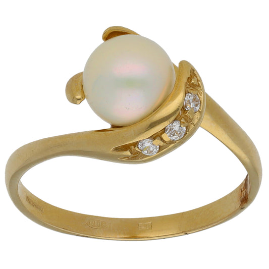 14ct Gold Cultured Pearl & Cubic Zirconia Dress/Cocktail Ring Size Q