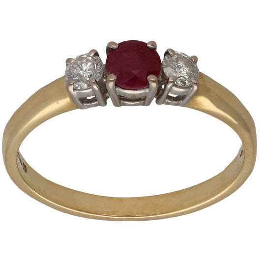 18ct Gold Ruby & 0.20ct Diamond Trilogy Ring Size N