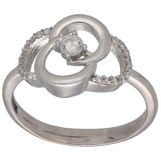 White gold-tone CZ cocktail ring with oval center stone and halo of small stones