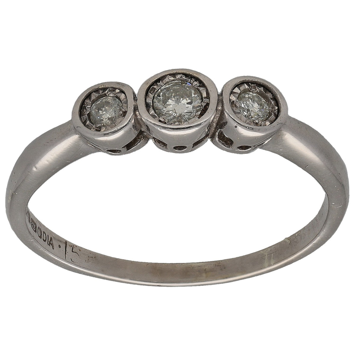 White gold three-stone ring with three round diamonds in bezel settings