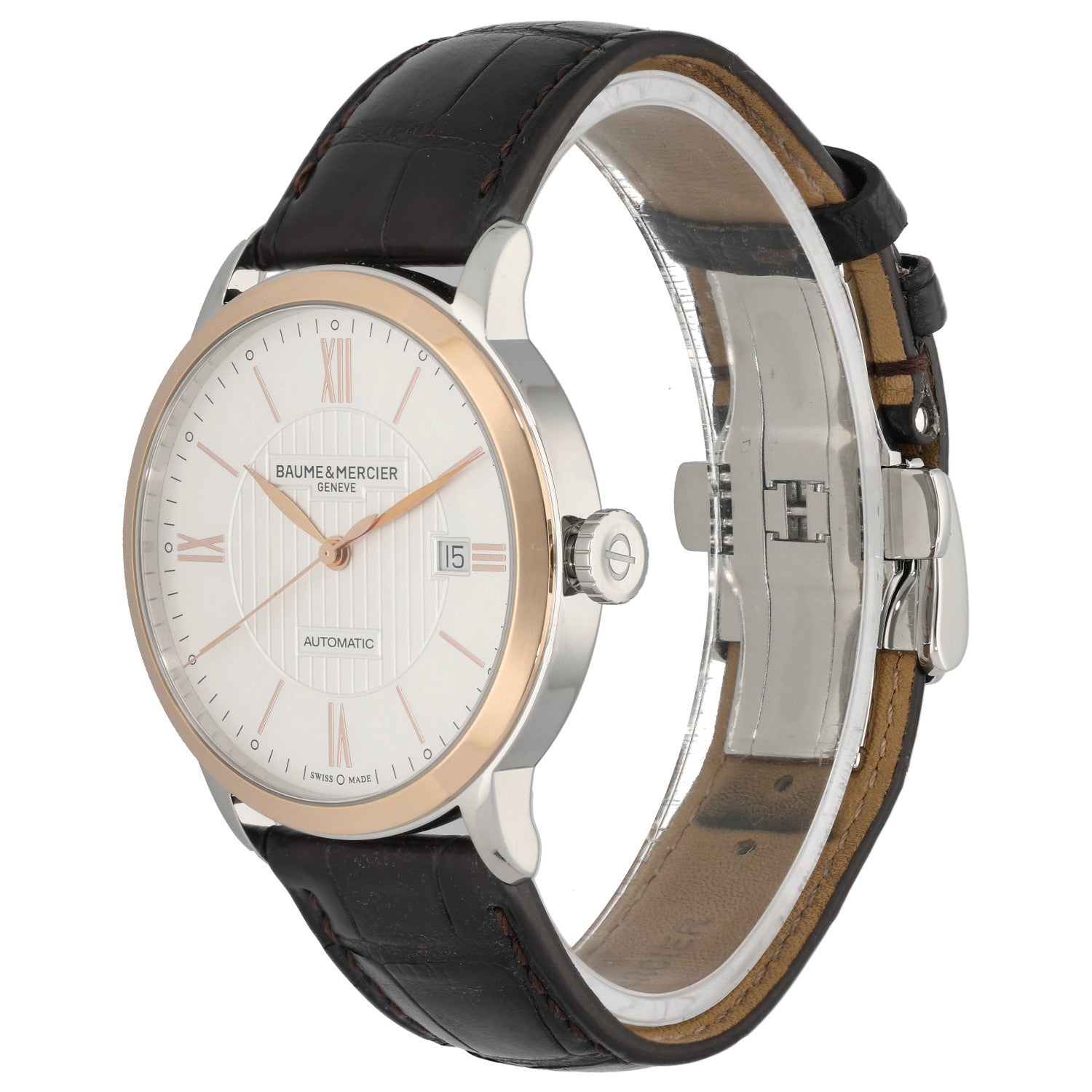 Baume Et Mercier Classimer 65782 Stainless steel wristwatch angled view, white dial, Roman numerals, black leather strap
