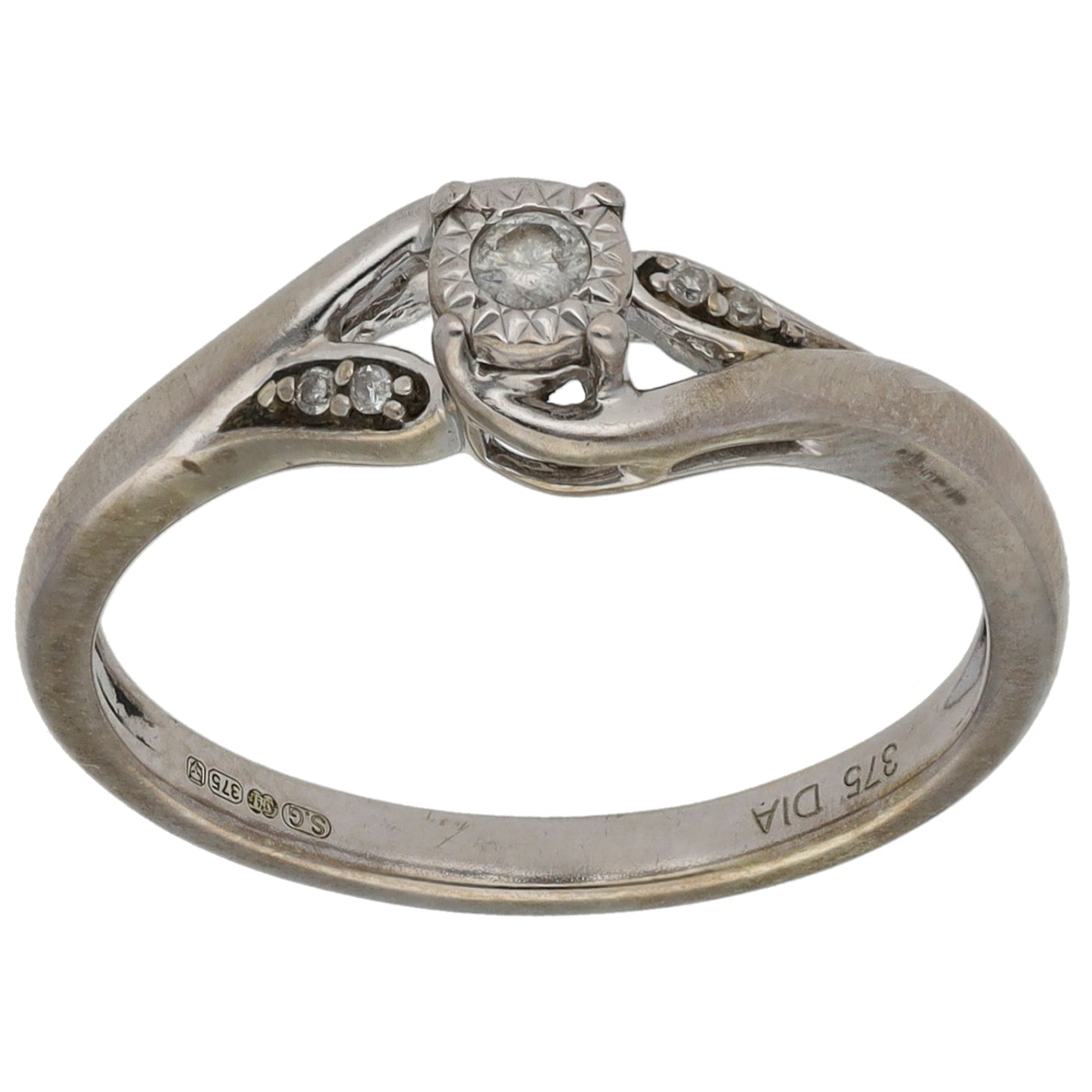 9ct White Gold 0.06ct Diamond Solitaire Ring With Accent Stones Size L