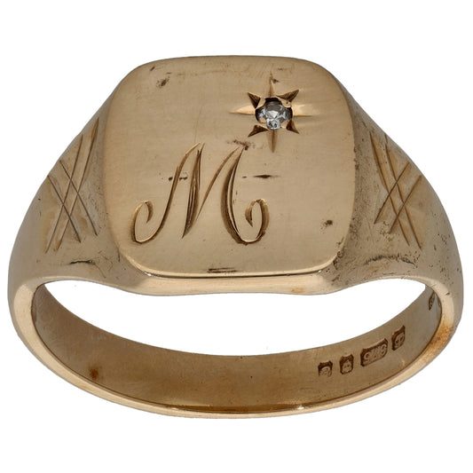 9ct Gold 0.01ct Diamond Patterned Signet Ring Size W